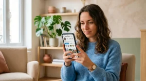 Personne consultant attentivement un profil Instagram sur smartphone pour savoir si quelqu'un a masqué sa story.