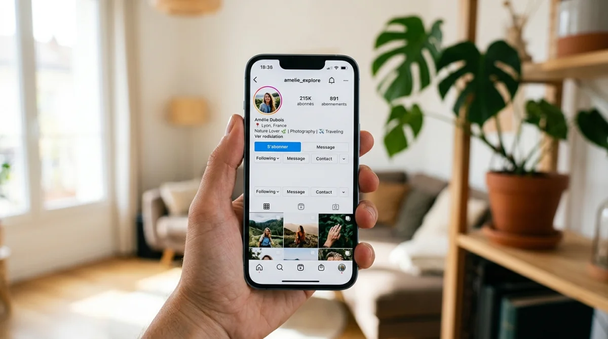 Main tenant un smartphone affichant un profil Instagram sans story pour illustrer comment savoir si quelqu'un a masqué sa story.
