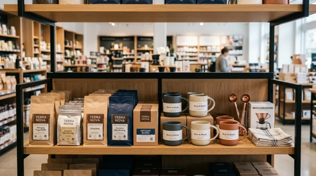 Rayon de magasin présentant du café gastronomique et des tasses élégantes pour illustrer une stratégie de cross merchandising efficace.