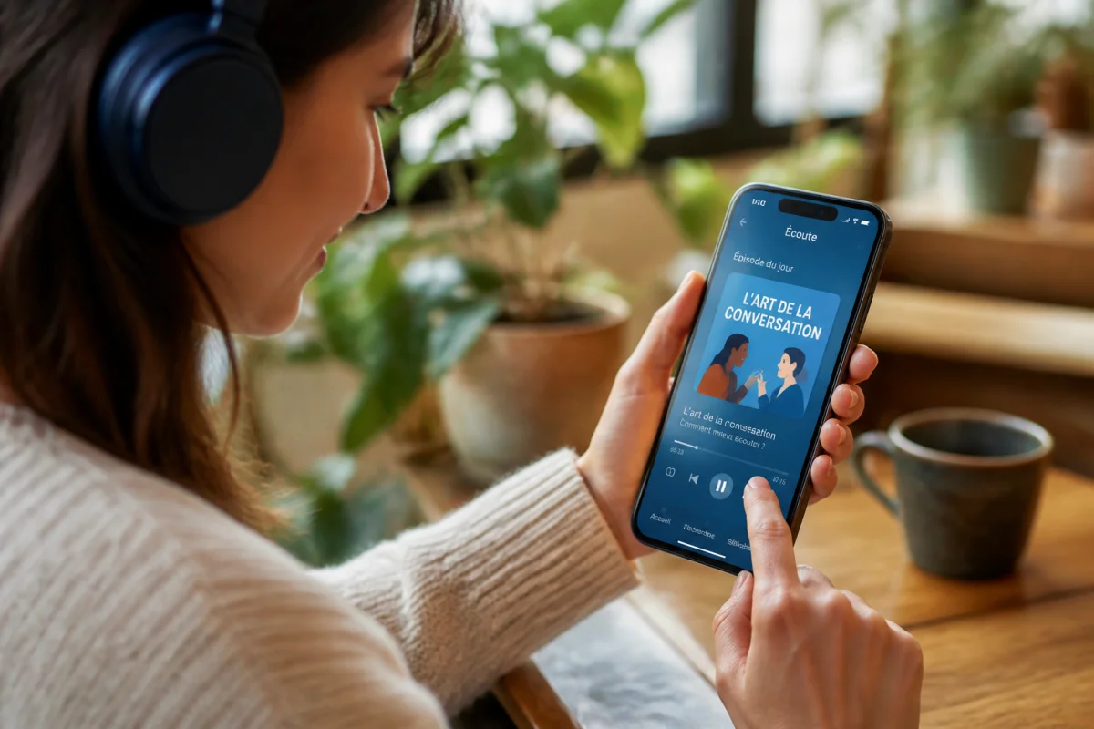 Jeune personne utilisant son smartphone dans un café pour apprendre comment télécharger un podcast sur Deezer facilement.