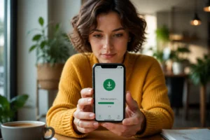 Jeune femme consultant l'interface de téléchargement d'un podcast sur son smartphone dans un café lumineux.
