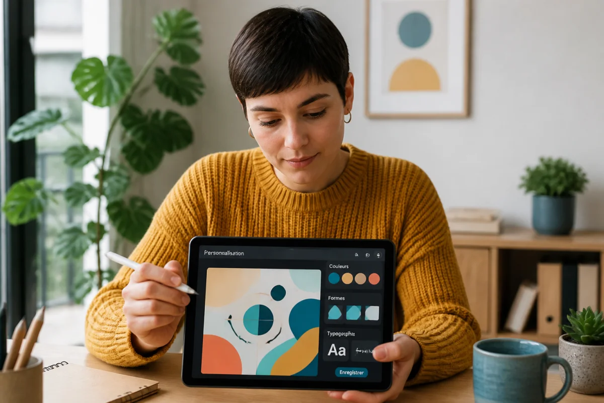 Personne créative utilisant une tablette pour personnaliser son interface Linktree sur un bureau minimaliste et lumineux.