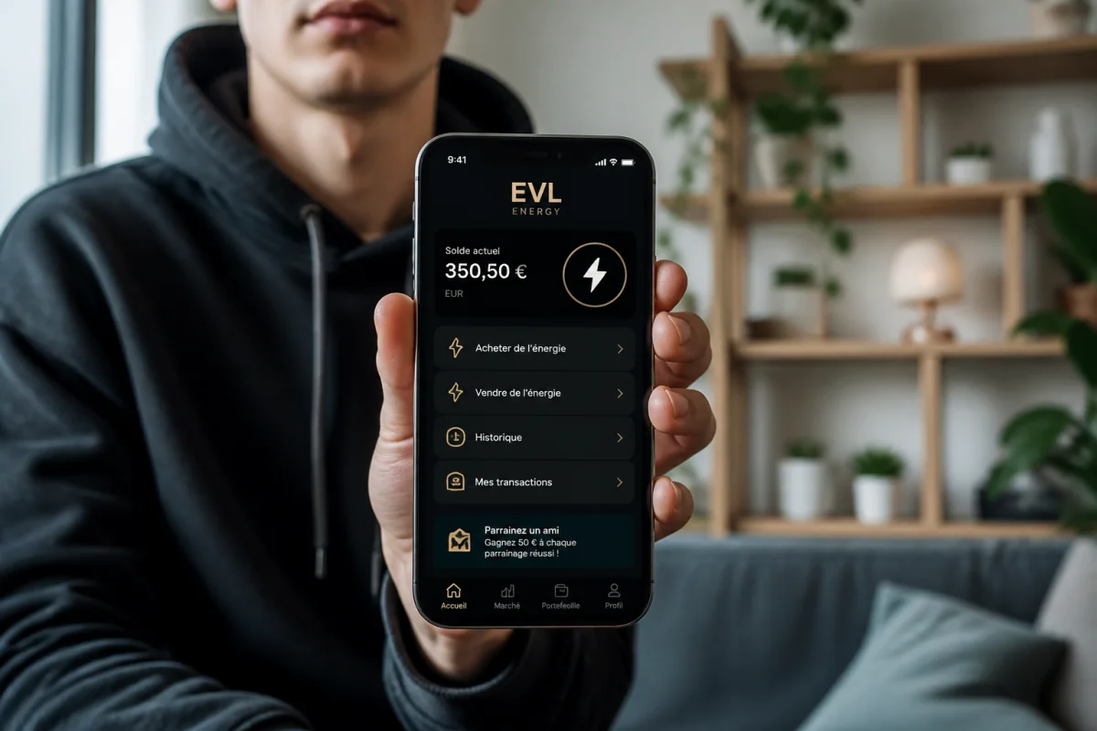 Jeune personne tenant un smartphone affichant l'interface du mode sombre sur Instagram dans un salon moderne.