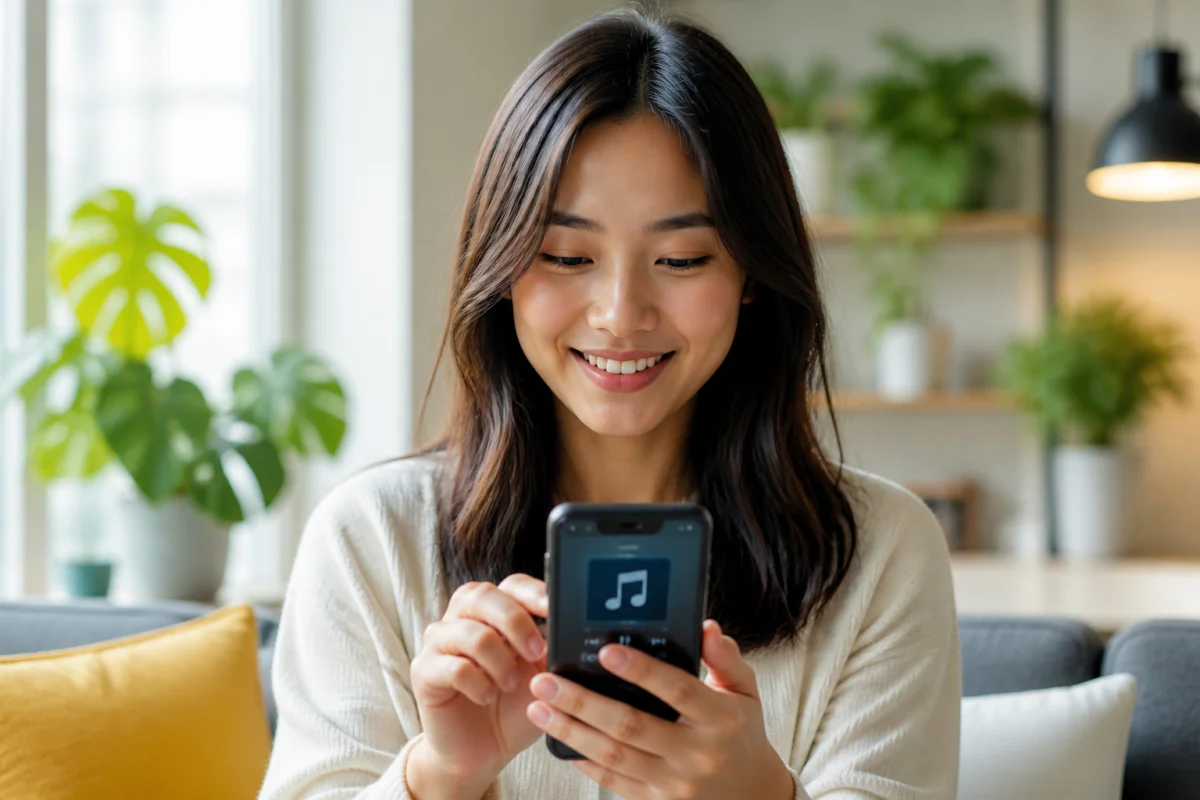 Jeune femme souriante utilisant son smartphone pour ajouter de la musique sur ses stories Instagram dans un salon lumineux.