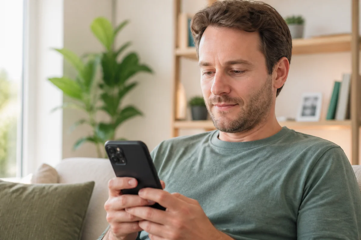 Personne sereine utilisant son smartphone dans un salon moderne pour savoir comment bloquer un podcast sur Spotify.