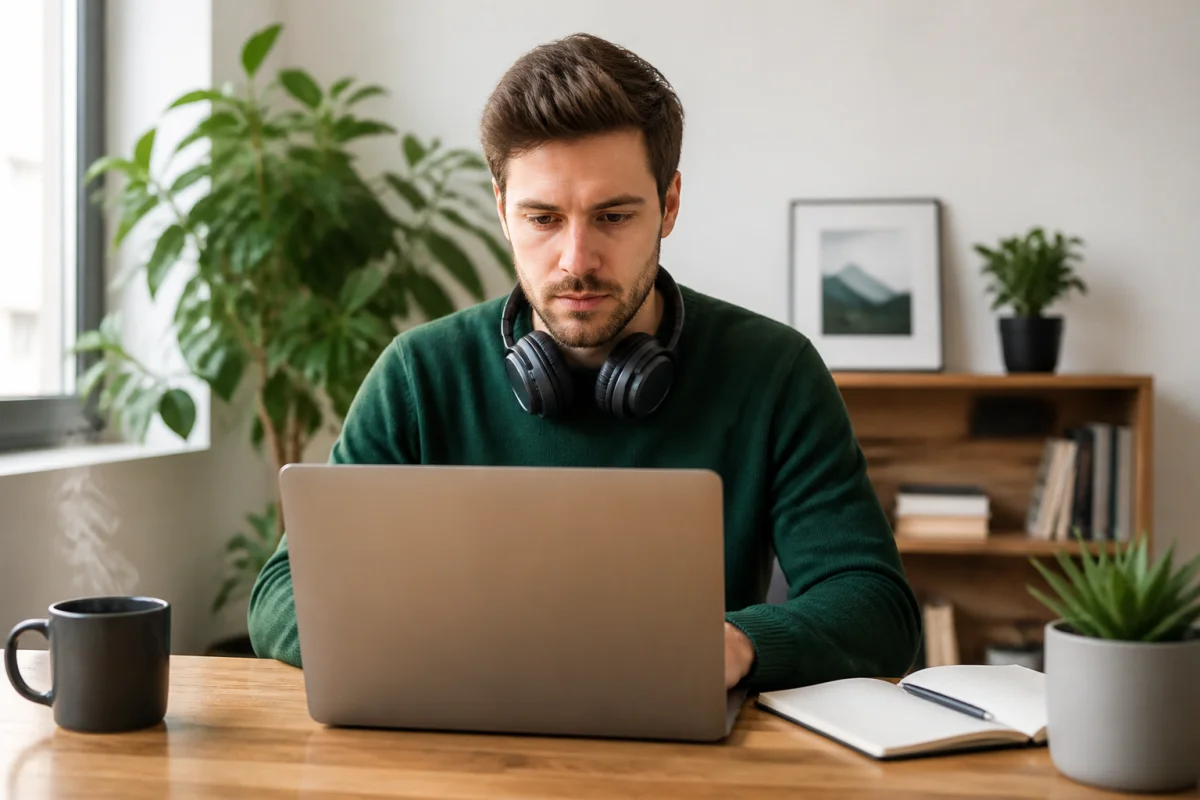 Personne concentrée travaillant sur un ordinateur avec un casque audio pour apprendre comment citer un podcast.