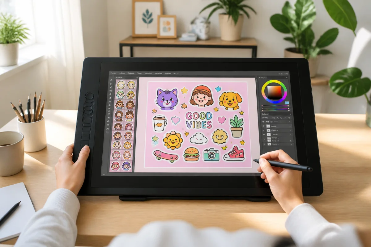 Personne créative utilisant une tablette graphique pour concevoir des stickers animés, illustrant comment créer un GIF sur Instagram.