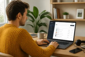 Jeune créateur travaillant sur son ordinateur pour apprendre comment créer un podcast sur Apple dans un bureau lumineux.