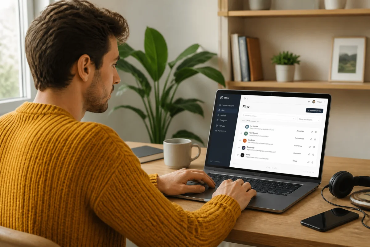 Jeune créateur travaillant sur son ordinateur pour apprendre comment créer un podcast sur Apple dans un bureau lumineux.