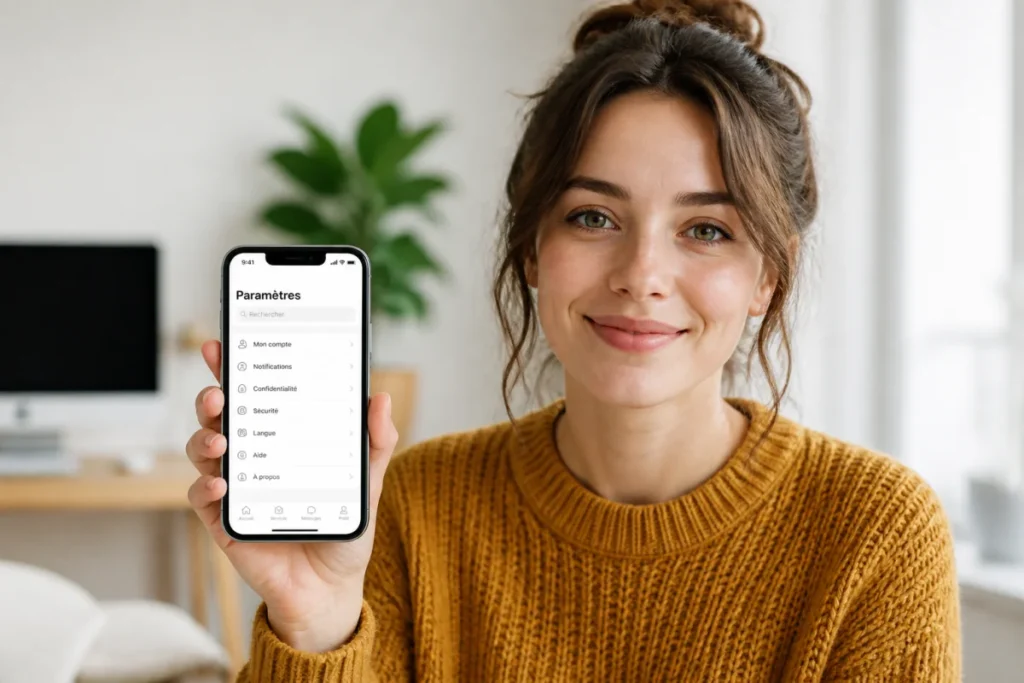 Jeune femme consultant les paramètres de son smartphone pour apprendre comment voir les j'aime sur Instagram.