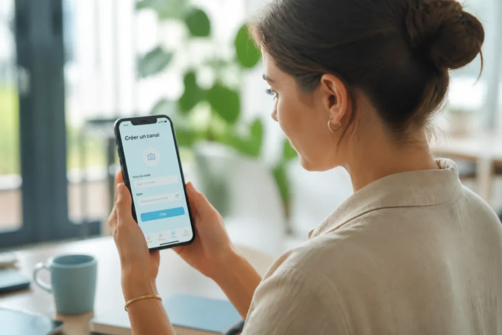 Jeune femme professionnelle créant un canal de diffusion sur son smartphone dans un espace de travail lumineux.