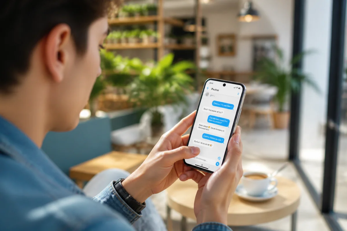 Jeune personne utilisant son smartphone dans un café pour apprendre comment créer un canal de diffusion sur Instagram.