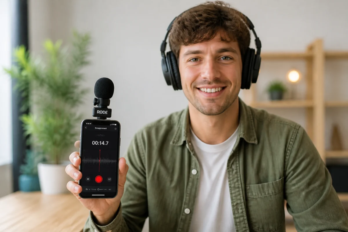 Jeune créateur souriant enregistrant un podcast avec un iPhone et un microphone professionnel dans un studio minimaliste.