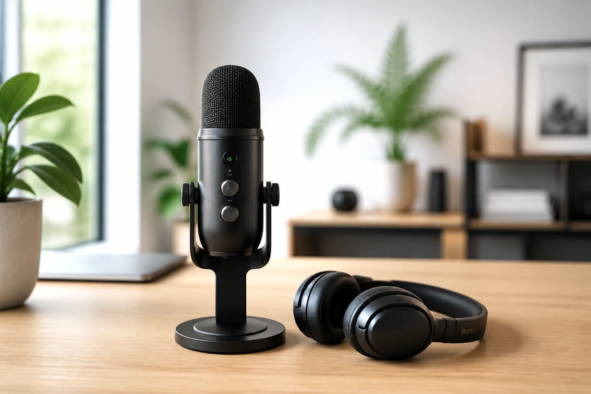 Microphone professionnel et casque audio sur un bureau en bois pour illustrer que veut dire podcast.
