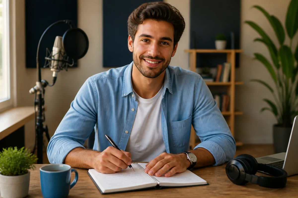 Personne souriante écrivant dans un carnet pour apprendre comment écrire un podcast dans un studio professionnel.