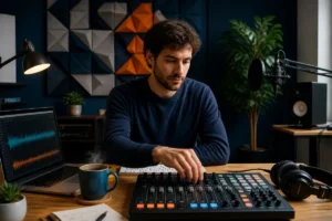 Créateur travaillant sur une table de mixage dans un studio moderne pour apprendre comment écrire un podcast.