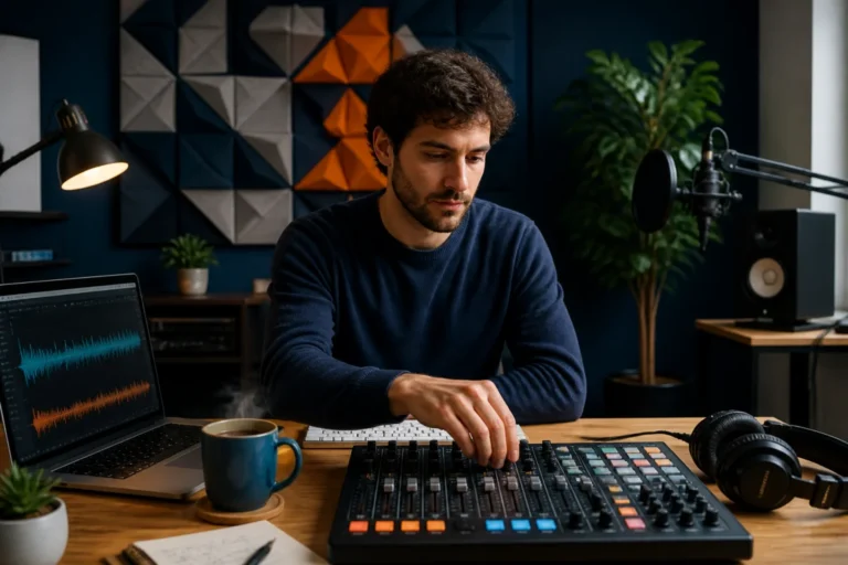 Créateur travaillant sur une table de mixage dans un studio moderne pour apprendre comment écrire un podcast.
