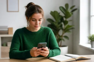 Jeune femme pensive consultant son smartphone dans un espace lumineux pour découvrir comment voir les abonnements récents Instagram.