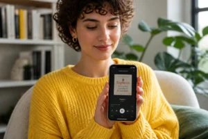 Jeune femme en pull jaune utilisant son smartphone pour écouter un podcast dans un salon lumineux.