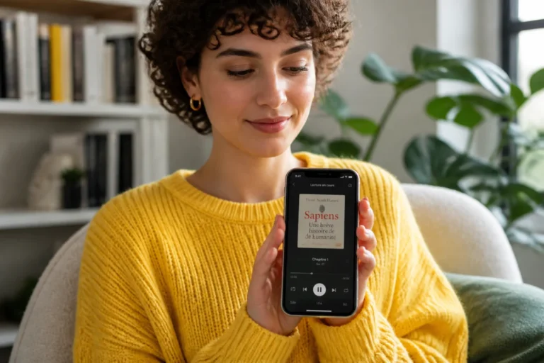 Jeune femme en pull jaune utilisant son smartphone pour écouter un podcast dans un salon lumineux.