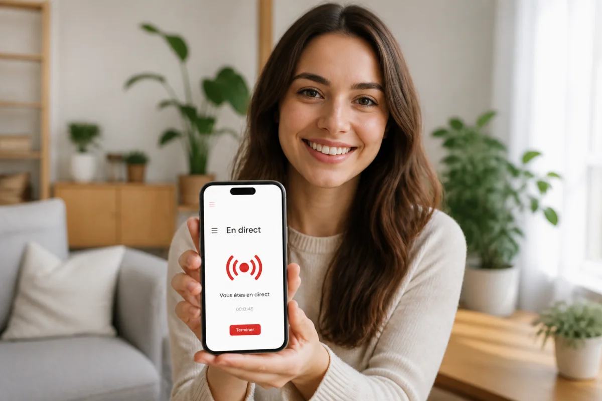 Jeune femme souriante regardant un live sur son smartphone dans un salon lumineux pour apprendre comment regarder un live Instagram.