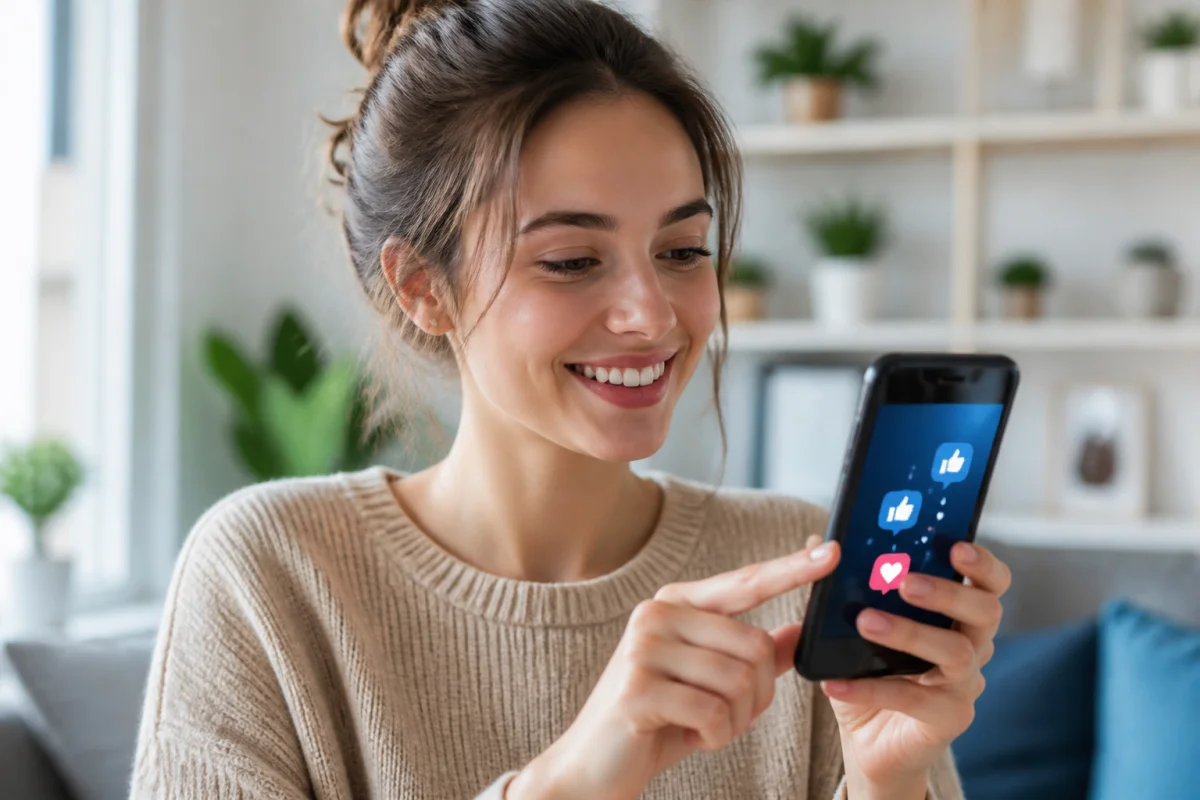 Jeune femme souriante tenant un smartphone pour apprendre comment regarder un live sur Instagram dans un salon lumineux.