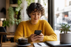 Jeune femme écoutant un podcast sur son smartphone dans un café lumineux pour comprendre ce que signifie podcasting.