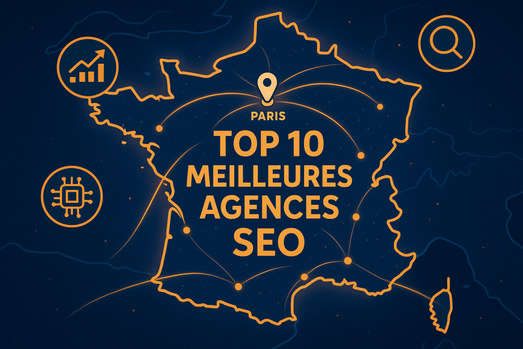 Illustration des meilleures agences geo en France avec carte et connexions SEO IA