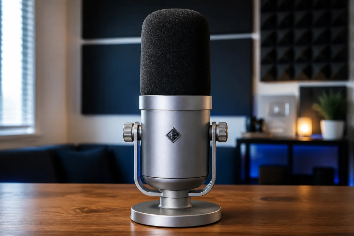 Microphone de studio professionnel sur une table en bois pour illustrer ce que signifie podcasting.