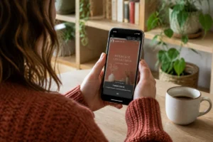 Jeune femme capturant une story sur son smartphone dans un intérieur lumineux pour illustrer comment partager une story Instagram.