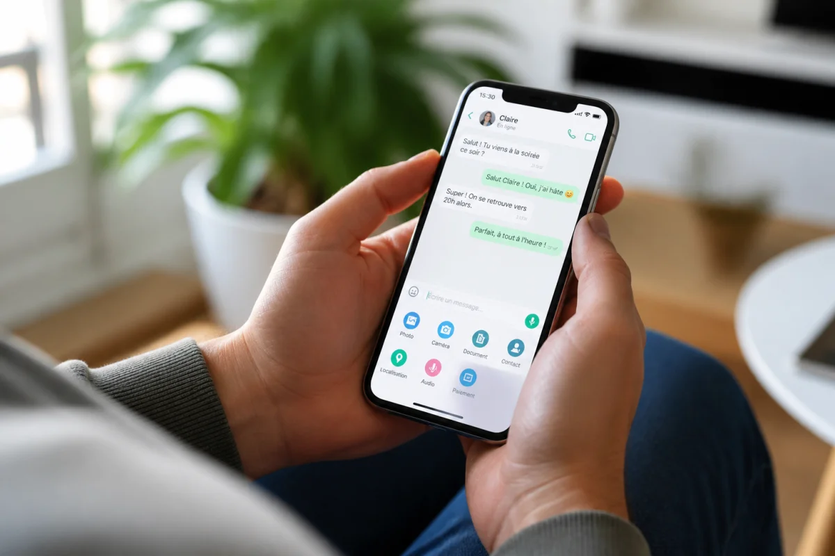 Personne tenant un smartphone pour apprendre comment partager une story de quelqu'un sur Instagram dans un salon lumineux.