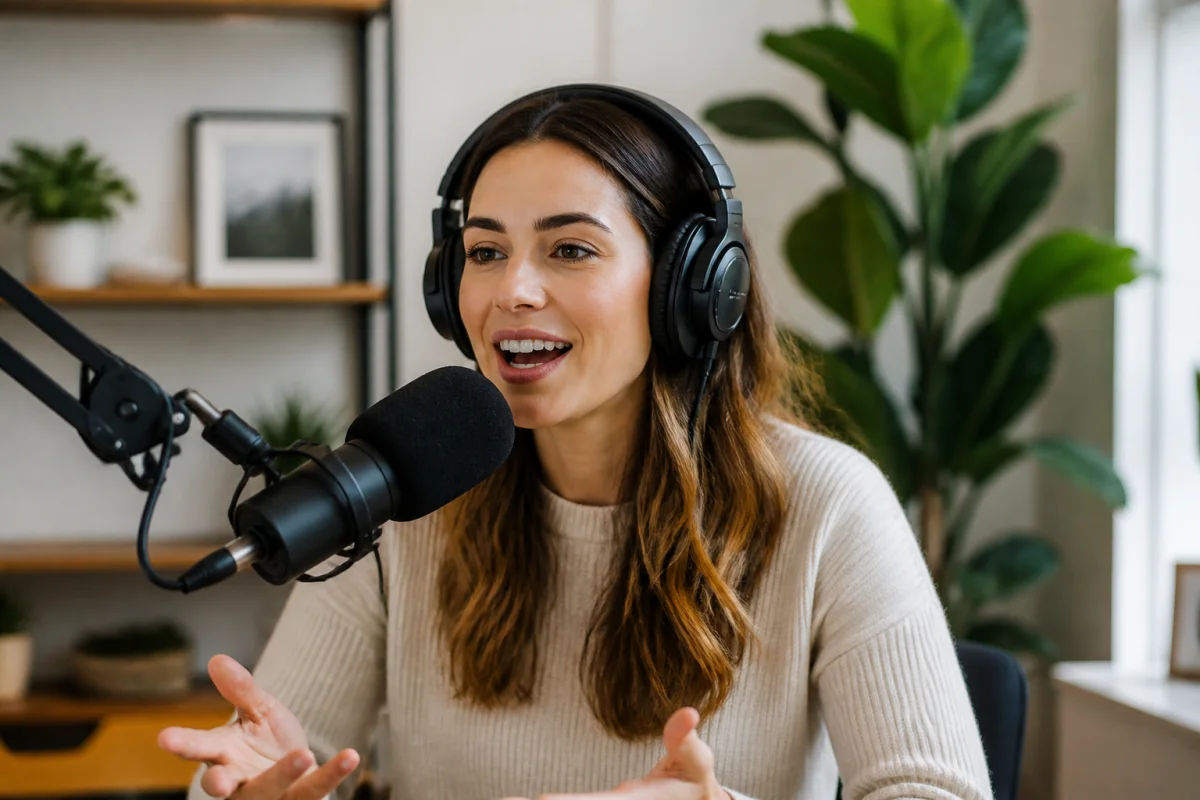 Personne enthousiaste enregistrant un podcast avec un microphone professionnel dans un studio moderne et lumineux.
