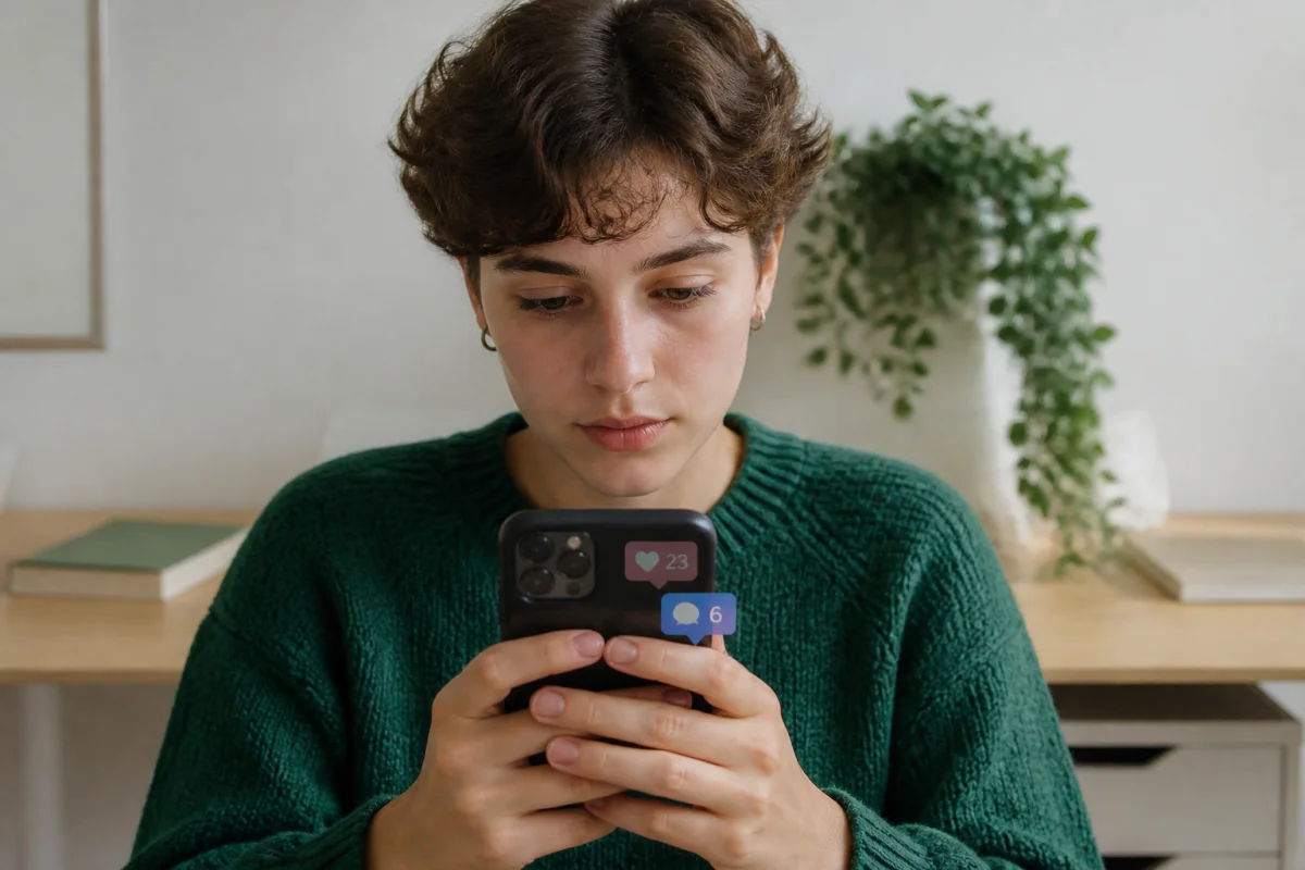 Jeune personne consultant attentivement son smartphone dans un bureau lumineux pour savoir comment voir qui regarde mon profil Instagram.