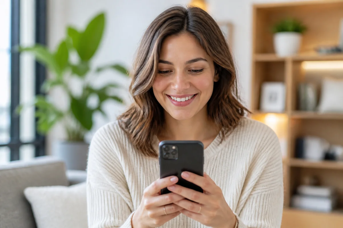 Jeune femme soulagée utilisant son smartphone pour récupérer son compte Instagram dans un salon lumineux.