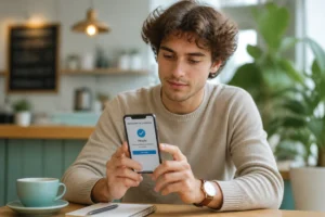 Jeune personne concentrée sur son smartphone dans un café pour apprendre comment récupérer un compte Instagram supprimé.