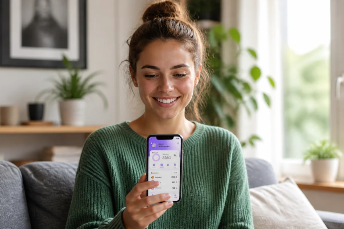 Jeune femme souriante utilisant son smartphone dans un salon lumineux pour apprendre comment rejoindre un canal Instagram.