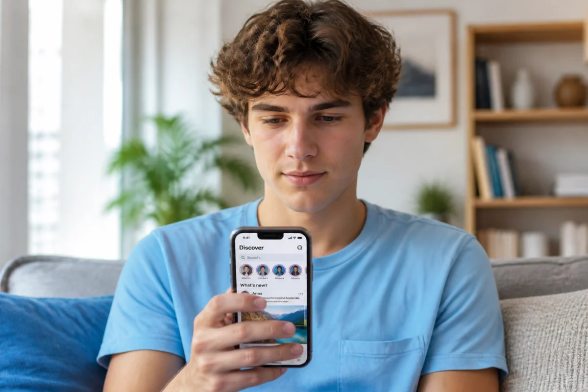 Jeune personne consultant son smartphone dans un salon lumineux pour savoir si quelqu'un l'a restreint sur Instagram.