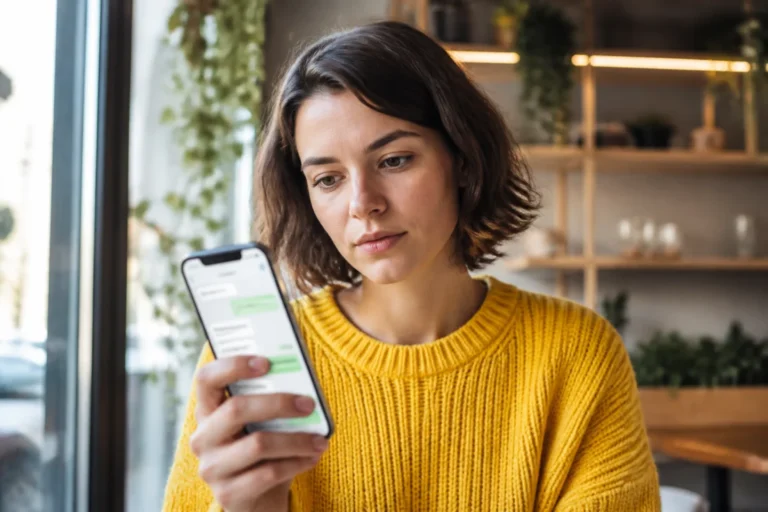 Jeune femme pensive consultant son smartphone dans un café pour savoir si quelqu'un nous a restreint sur Instagram.
