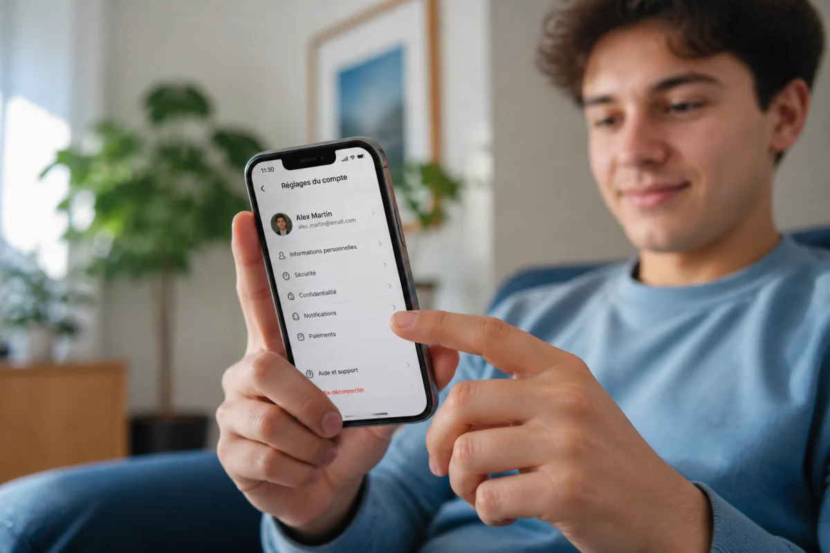 Jeune personne utilisant son smartphone dans un salon lumineux pour gérer les réglages d'un compte Instagram professionnel.