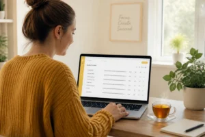 Une femme travaillant sur son ordinateur dans un bureau lumineux pour apprendre comment supprimer un podcast sur Spotify.