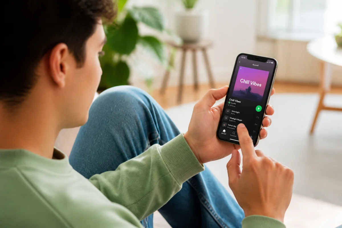 Jeune personne utilisant un smartphone dans un salon lumineux pour apprendre comment supprimer un podcast sur Spotify.