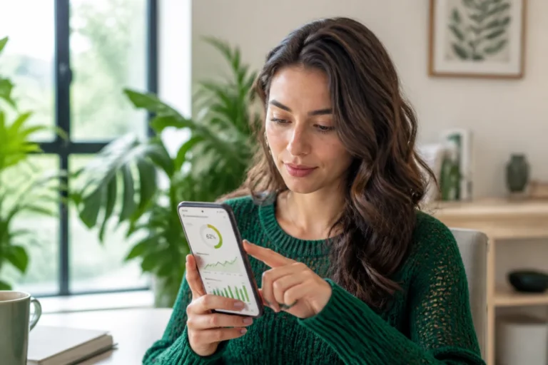Jeune femme consultant les statistiques de ses stories Instagram sur son smartphone dans un bureau moderne et lumineux.