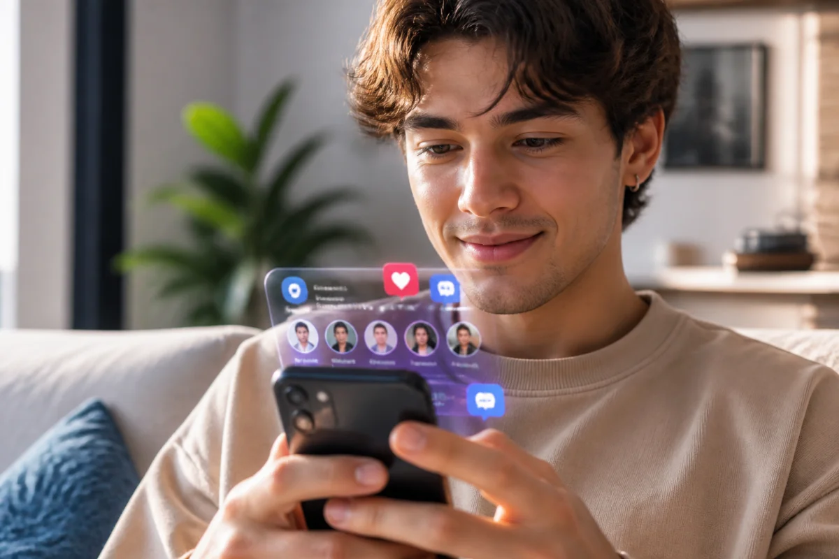 Jeune personne utilisant un smartphone pour découvrir comment voir qui regarde son profil Instagram dans un salon lumineux.