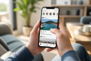 Jeune personne utilisant un smartphone dans un salon lumineux pour apprendre comment voir une story Instagram sans être vu.