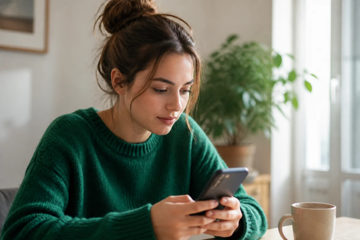 Jeune femme concentrée sur son smartphone dans un salon lumineux, illustrant comment voir une story Instagram sans être vu.