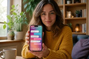 Jeune femme tenant un smartphone affichant des bulles de messages colorées pour apprendre comment changer la couleur des messages sur Instagram.