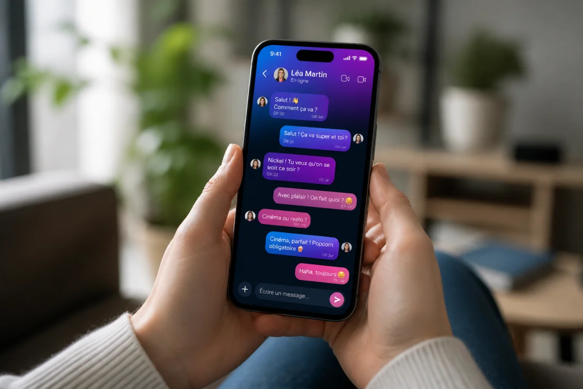Personne tenant un smartphone affichant des bulles de discussion colorées pour apprendre comment changer la couleur des messages sur Instagram.