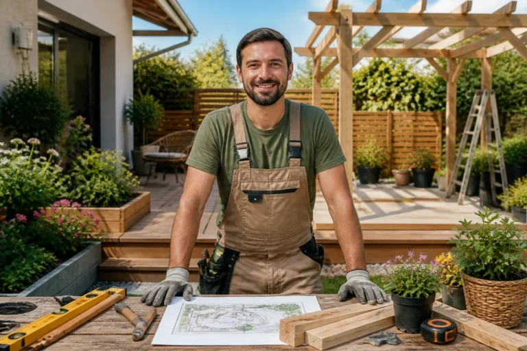 Artisan souriant présentant un projet d’aménagement extérieur, évoquant les témoignages clients de chantier-facile.fr