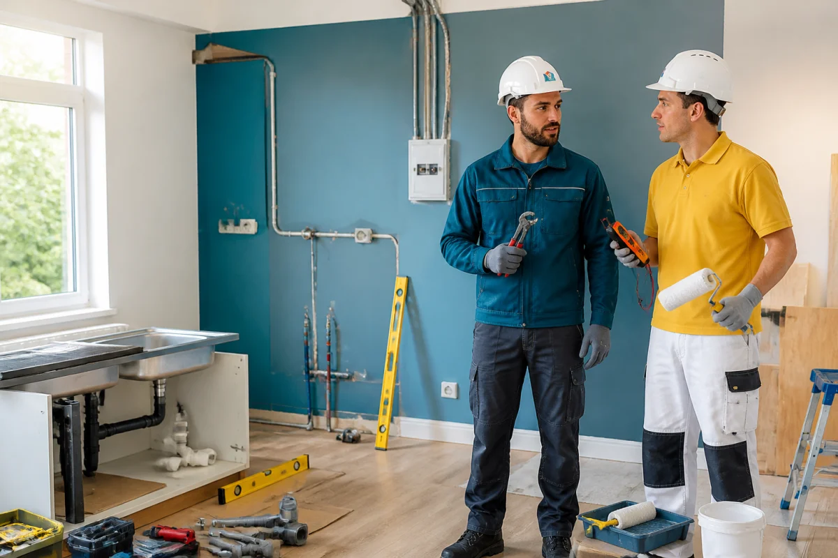 Deux professionnels inspectent une rénovation intérieure, illustrant les métiers de plomberie, électricité et peinture sur chantier.