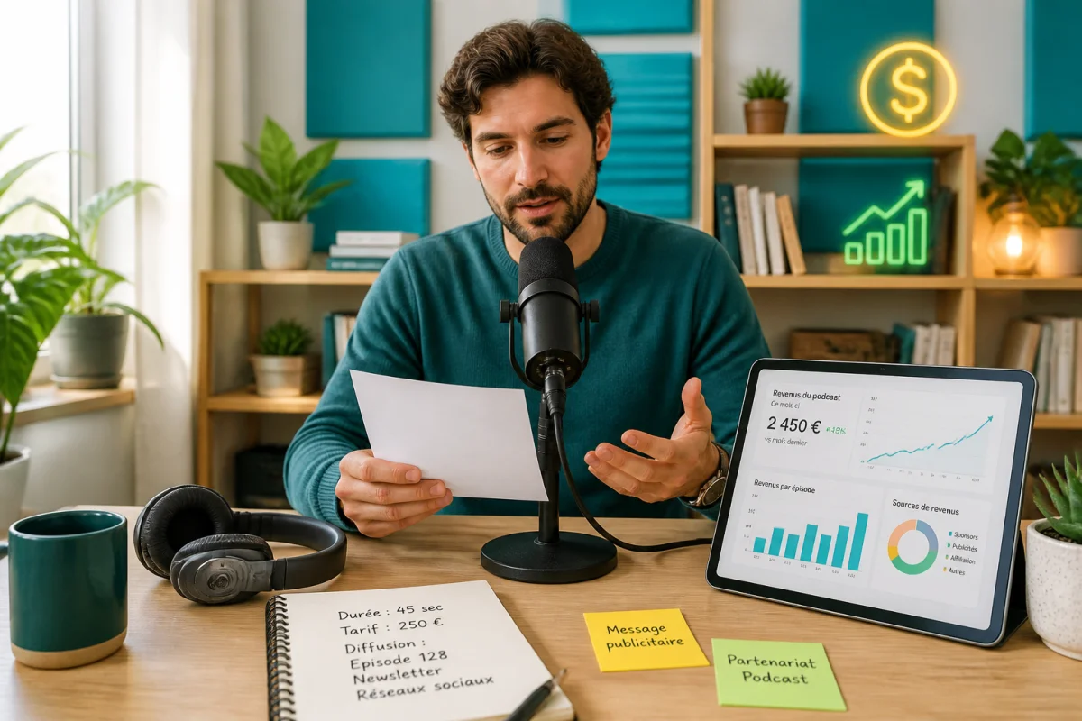 Créateur de podcast lisant une publicité au microphone, tablette affichant des statistiques de revenus et graphiques de monétisation.
